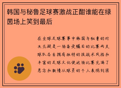 韩国与秘鲁足球赛激战正酣谁能在绿茵场上笑到最后